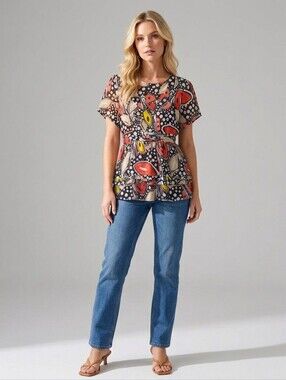 Essentials NEW Vintage Y2K Abstract Retro Print L Sheer Tie Waist Blouse Top
